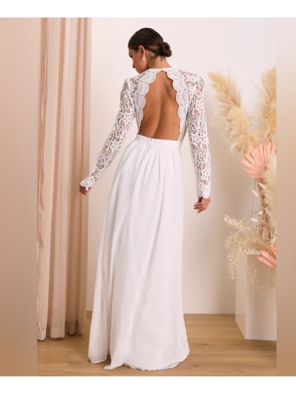 Lulus White Awake My Love Lace Sleeve Maxi Wedding Dress Large